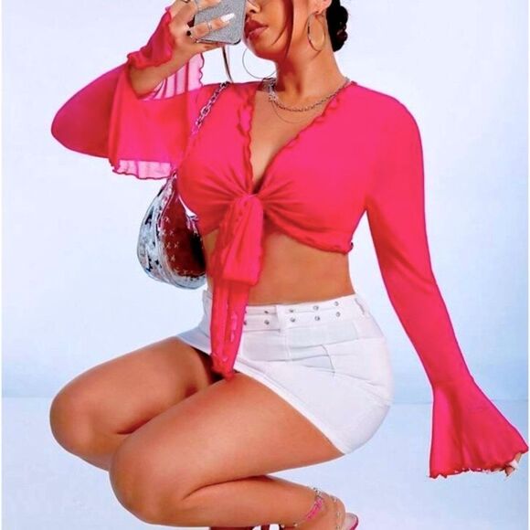 SHEIN ICON Hot Pink Lettuce Trim Knot Front Flare Sleeve Crop Top size XS - Picture 13 of 13